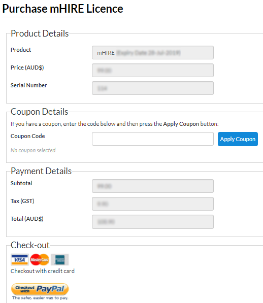 mHIRE screenshot - purchase licence